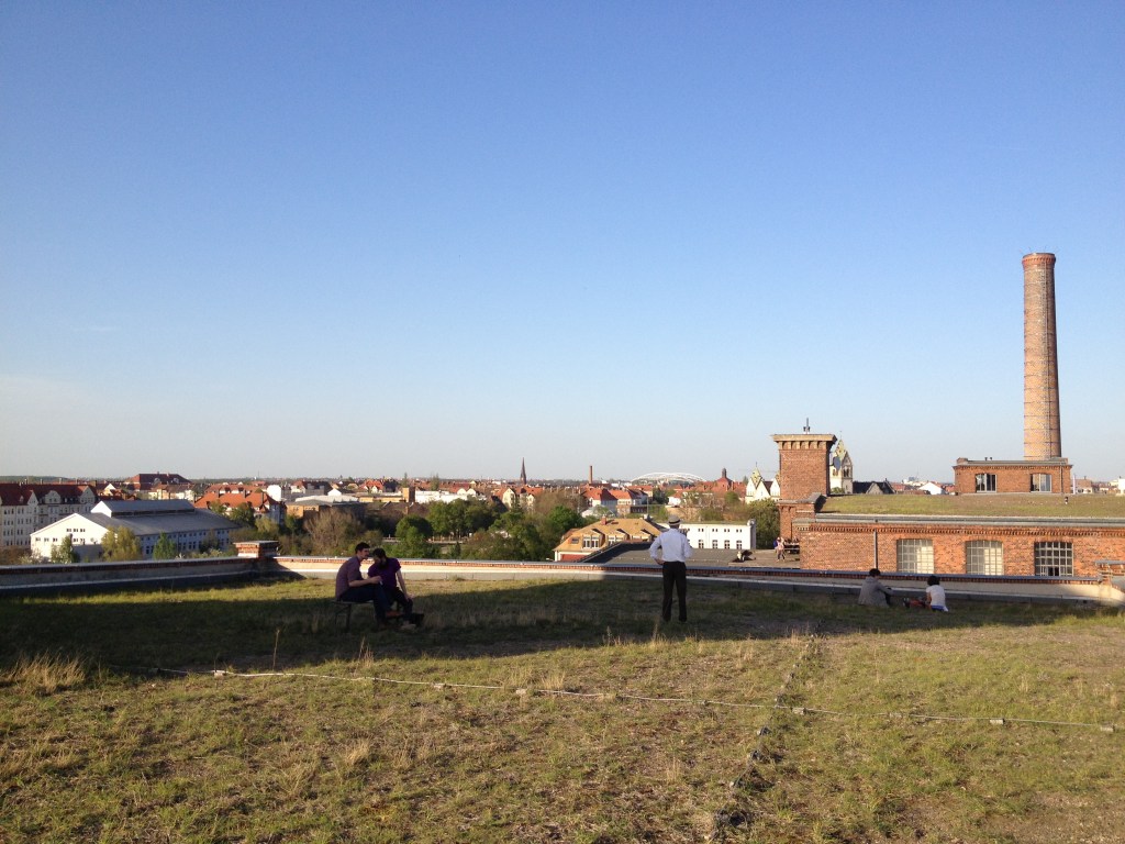 Grass rooftop and view over Leipzig